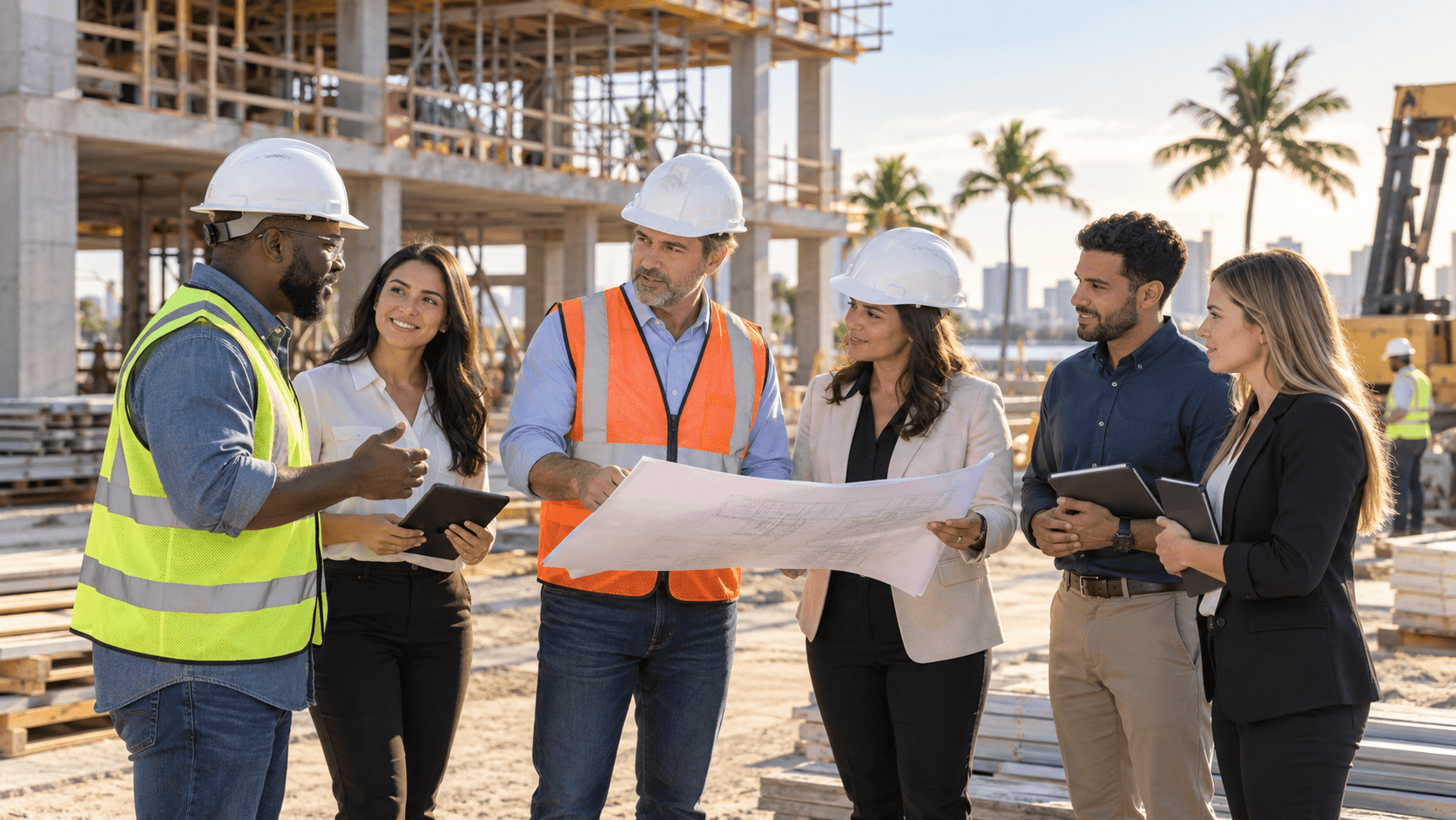 Contractors, engineers, and business leaders reviewing blueprints at a South Florida construction site