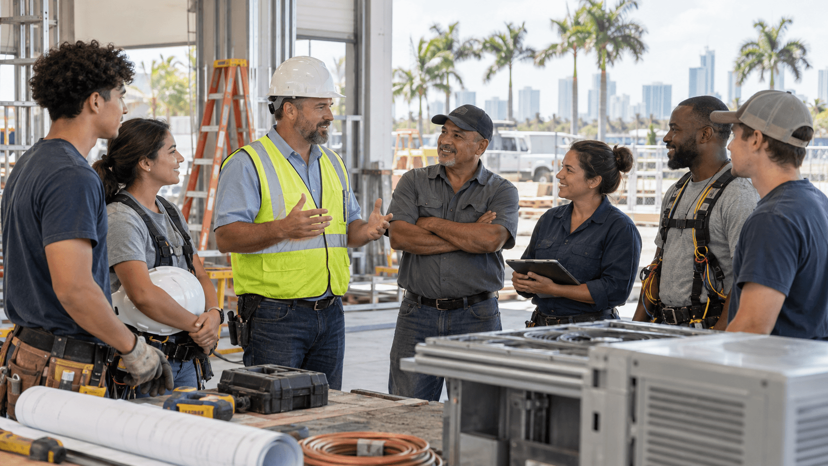 Tradespeople and apprentices gathered at a job site for a practical team conversation